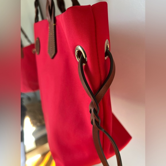 Dooney & Bourke Red Canvas Tote • Brown Leather Trim • Large Shoulder Bag - Picture 9 of 12